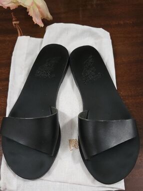 Ancient Greek Sandals Arsinoi Black Leather Slide Sandals Single Strap 37